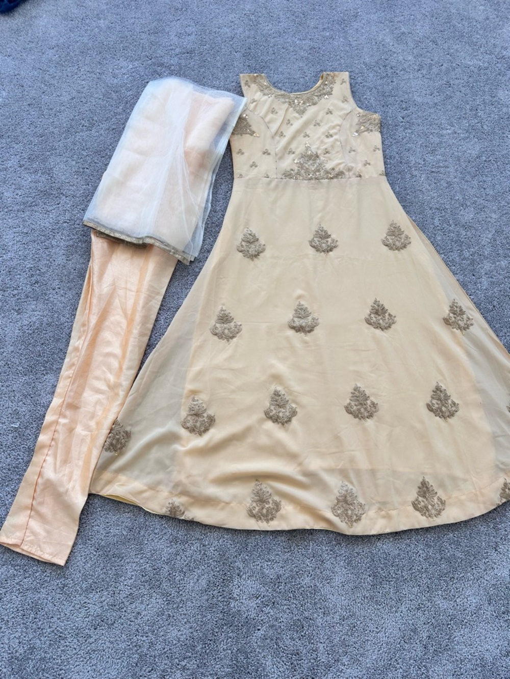 Embroidered Beige Anarkali Dress with Peach Pants and White Dupatta